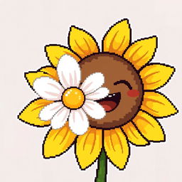 An ordinary sunflower embracing a simple daisy, illustrated in pixel art style