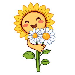 An ordinary sunflower embracing a simple daisy, illustrated in pixel art style