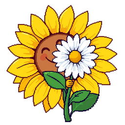 An ordinary sunflower embracing a simple daisy, illustrated in pixel art style