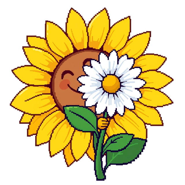 An ordinary sunflower embracing a simple daisy, illustrated in pixel art style