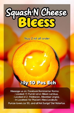 A vibrant and eye-catching cover page design for a product named 'Squash'N Cheese Bites'