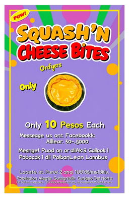 A vibrant and eye-catching cover page design for a product named 'Squash'N Cheese Bites'