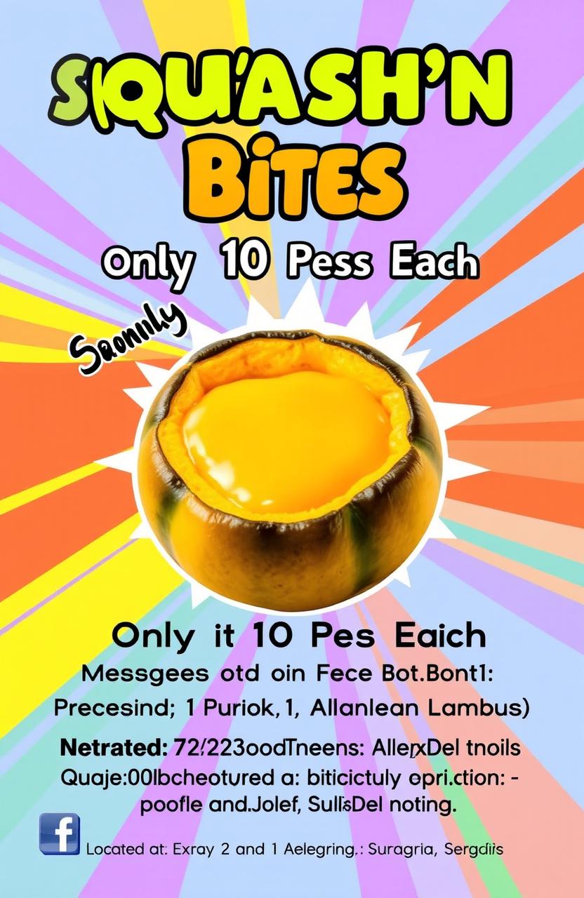 A vibrant and eye-catching cover page design for a product named 'Squash'N Cheese Bites'