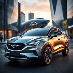 A stylish and modern Opel coupe-SUV called 'Mistral', featuring a Vizor nose design and based on the Peugeot e-3008 and the STLA Medium platform