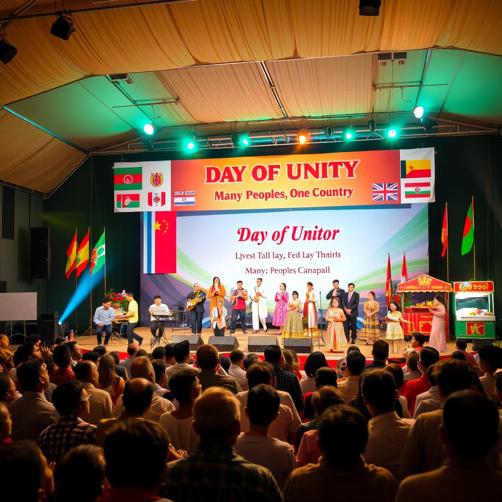 A festive concert scene celebrating the Day of Unity with the theme "Many Peoples, One Country