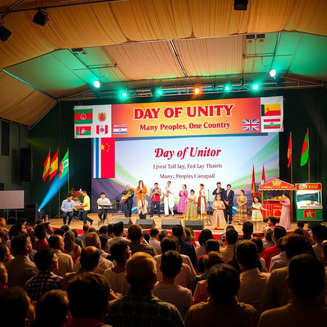 A festive concert scene celebrating the Day of Unity with the theme "Many Peoples, One Country