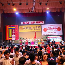 A festive concert scene celebrating the Day of Unity with the theme "Many Peoples, One Country
