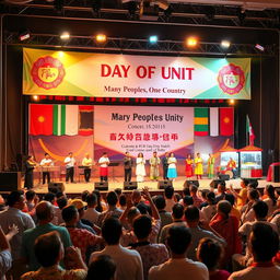 A festive concert scene celebrating the Day of Unity with the theme "Many Peoples, One Country