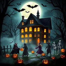 A spooky Halloween scene featuring a haunted house with glowing windows, surrounded by eerie trees, and a full moon in the background