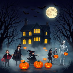 A spooky Halloween scene featuring a haunted house with glowing windows, surrounded by eerie trees, and a full moon in the background