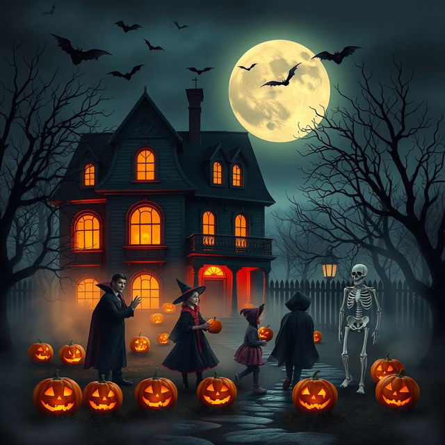 A spooky Halloween scene featuring a haunted house with glowing windows, surrounded by eerie trees, and a full moon in the background