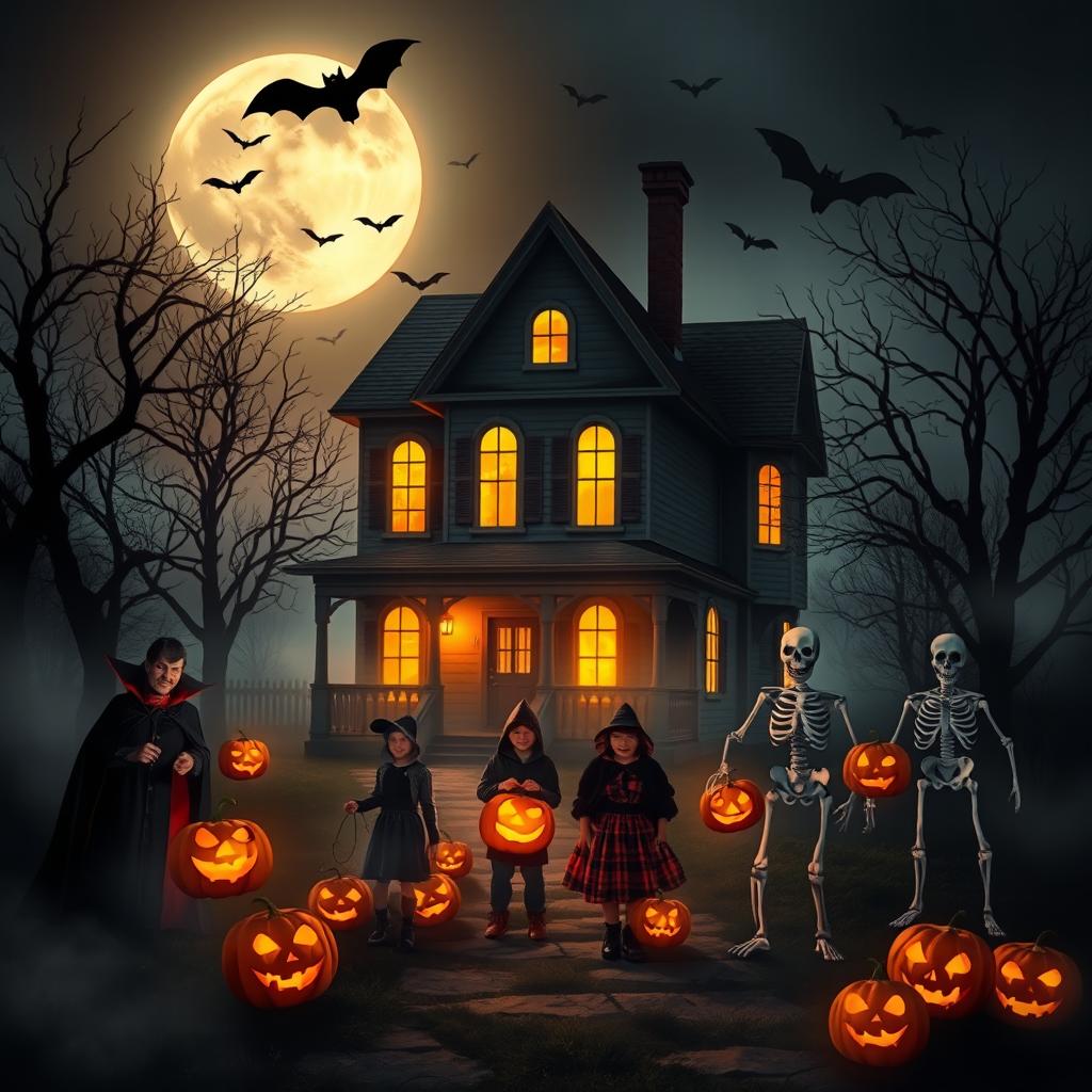 A spooky Halloween scene featuring a haunted house with glowing windows, surrounded by eerie trees, and a full moon in the background