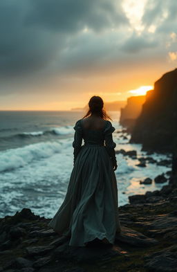 A serene silhouette of an Irish woman walking along the rugged Northern Irish coastline in the 17th century, with rolling waves crashing against the rocks