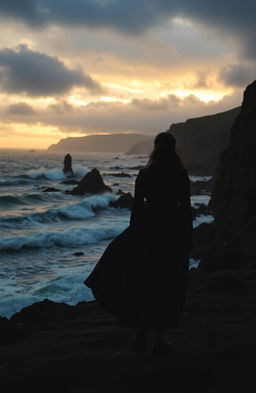 A serene silhouette of an Irish woman walking along the rugged Northern Irish coastline in the 17th century, with rolling waves crashing against the rocks
