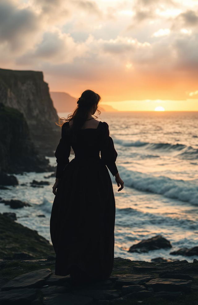 A serene silhouette of an Irish woman walking along the rugged Northern Irish coastline in the 17th century, with rolling waves crashing against the rocks