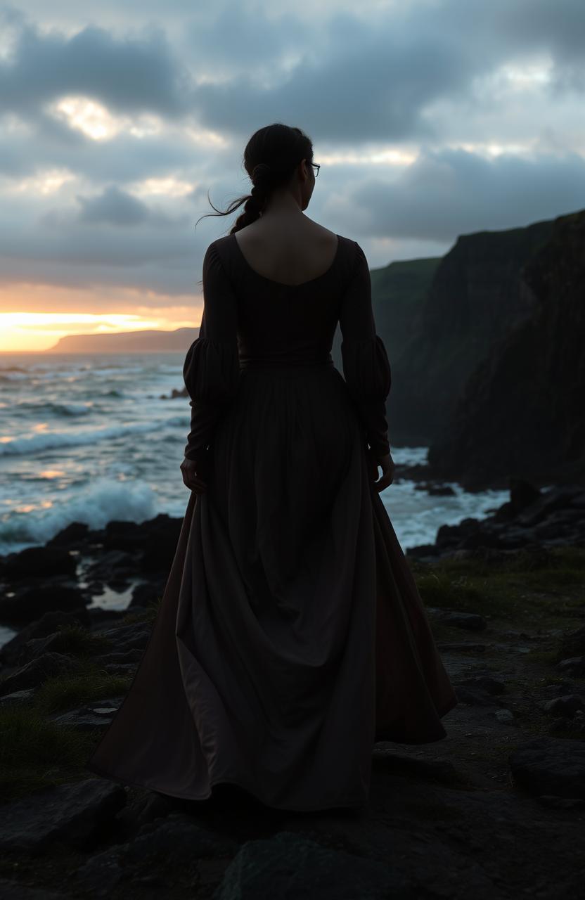 A serene silhouette of an Irish woman walking along the rugged Northern Irish coastline in the 17th century, with rolling waves crashing against the rocks