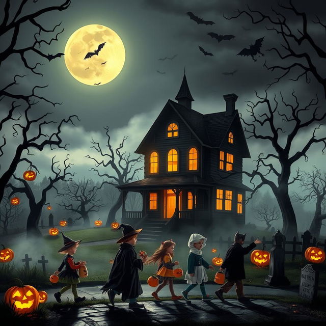 A spooky Halloween scene featuring a haunted house illuminated by the full moon, surrounded by twisted trees and glowing jack-o'-lanterns