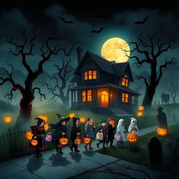 A spooky Halloween scene featuring a haunted house illuminated by the full moon, surrounded by twisted trees and glowing jack-o'-lanterns