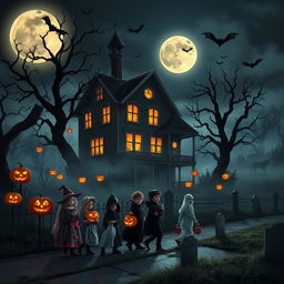 A spooky Halloween scene featuring a haunted house illuminated by the full moon, surrounded by twisted trees and glowing jack-o'-lanterns