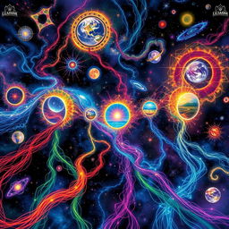 An imaginative depiction of strands weaving through the multiverse, showcasing interconnected dimensions and realities