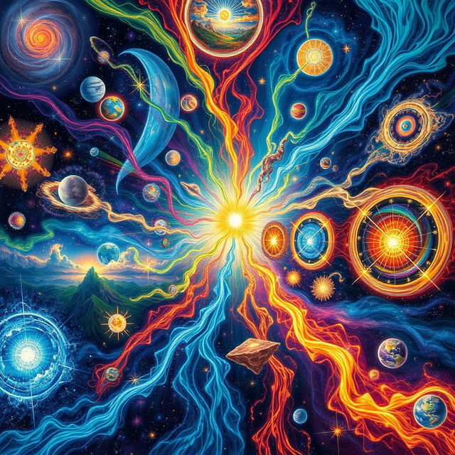 An imaginative depiction of strands weaving through the multiverse, showcasing interconnected dimensions and realities