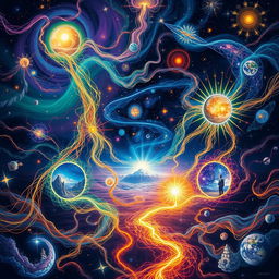 An imaginative depiction of strands weaving through the multiverse, showcasing interconnected dimensions and realities