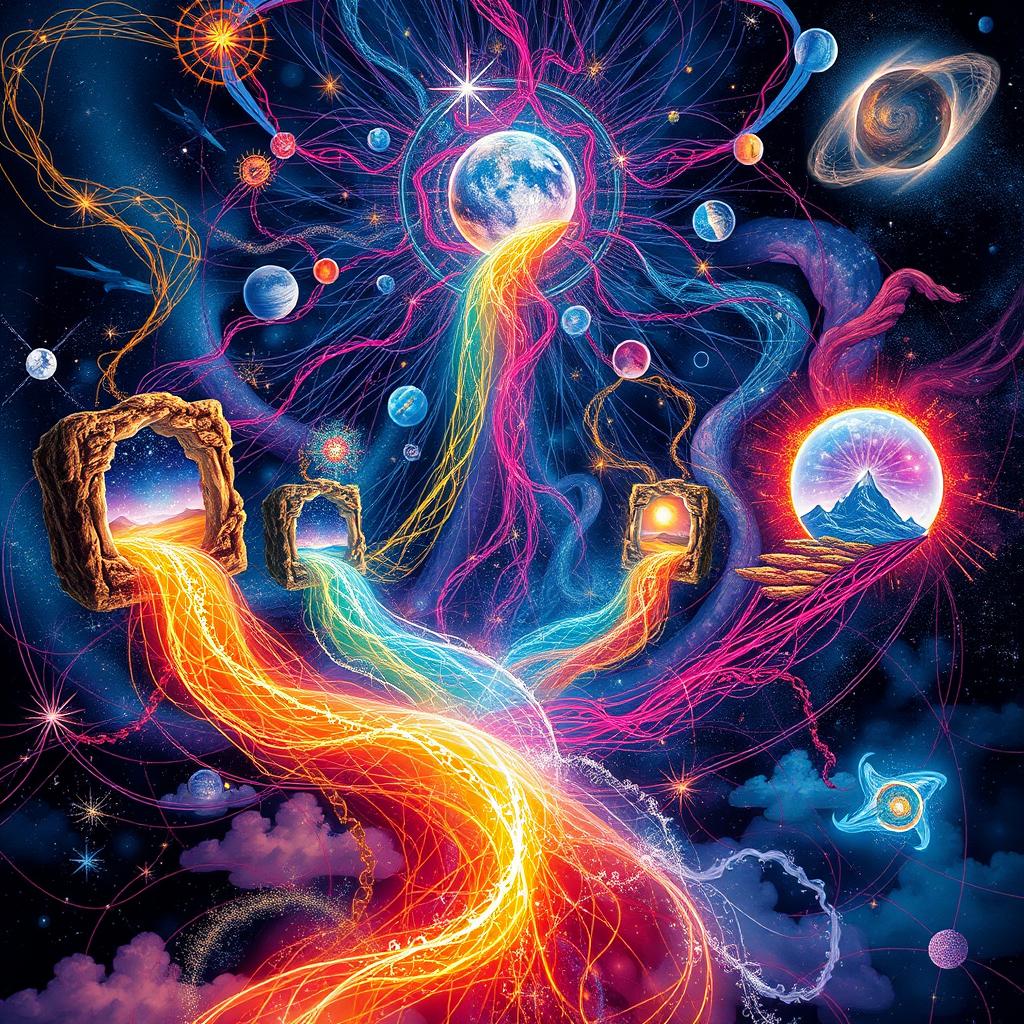 An imaginative depiction of strands weaving through the multiverse, showcasing interconnected dimensions and realities