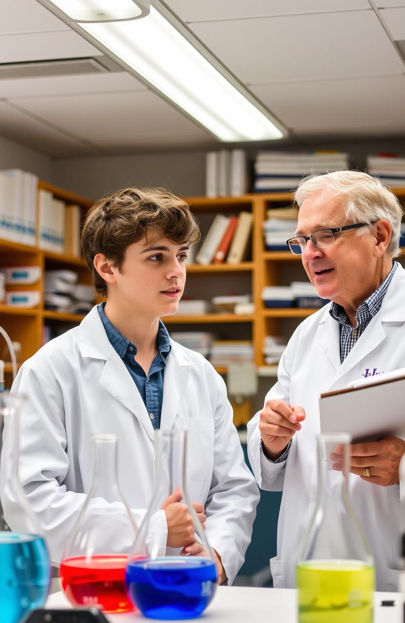 A young man wearing a lab coat in a laboratory, attentively listening to a more experienced professional beside him