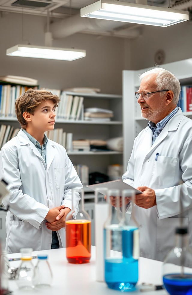 A young man wearing a lab coat in a laboratory, attentively listening to a more experienced professional beside him