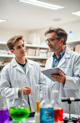 A young man wearing a lab coat in a laboratory, attentively listening to a more experienced professional beside him