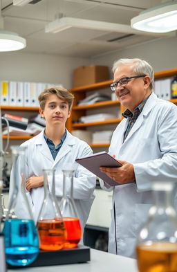 A young man wearing a lab coat in a laboratory, attentively listening to a more experienced professional beside him