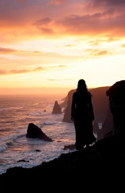 A silhouette of an Irish woman walking along the rugged Northern Irish coastline during the 17th century