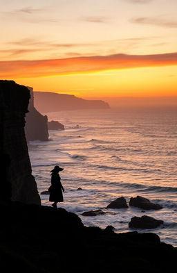 A silhouette of an Irish woman walking along the rugged Northern Irish coastline during the 17th century