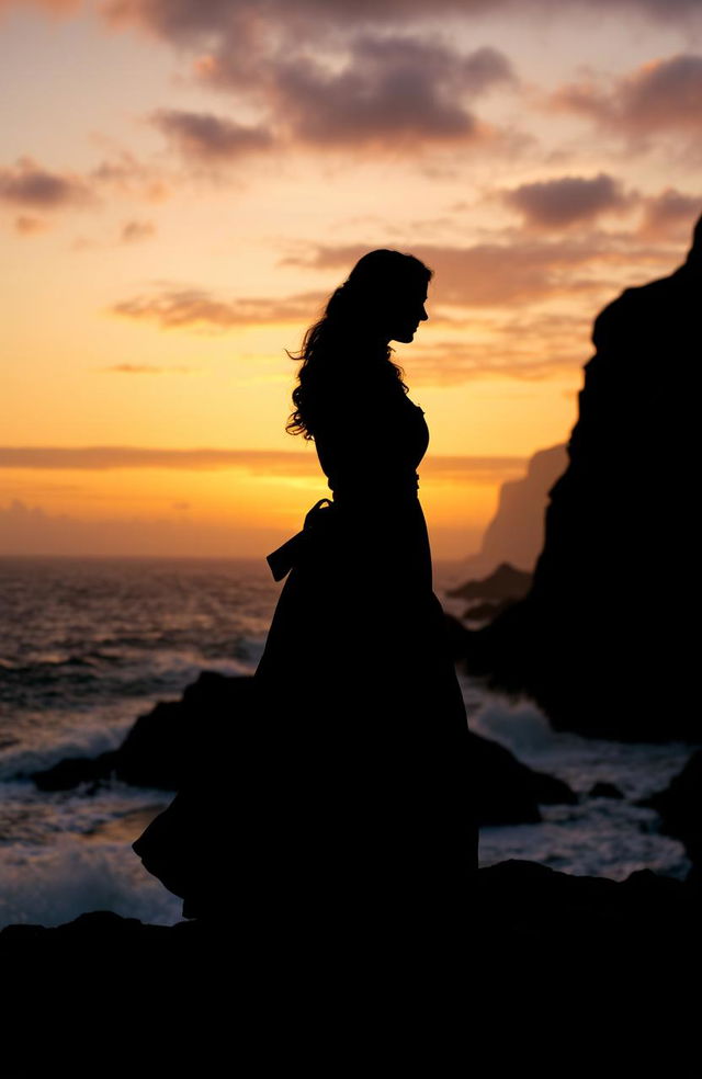 A silhouette of an Irish woman walking along the rugged Northern Irish coastline during the 17th century