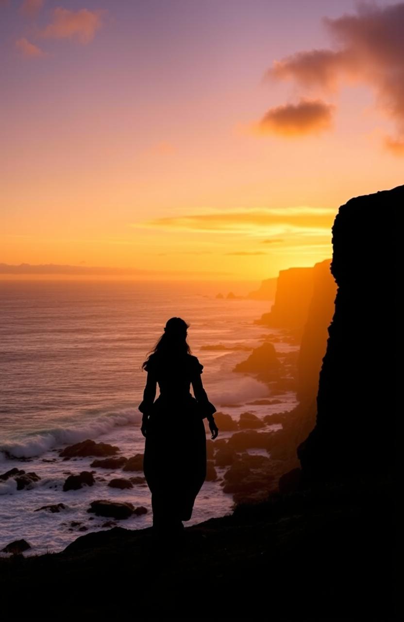 A silhouette of an Irish woman walking along the rugged Northern Irish coastline during the 17th century