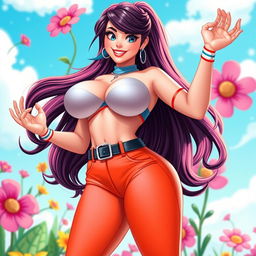 A full-body artistic portrayal of a fictional character inspired by Ariel Winter, featuring exaggerated and cartoonishly large breasts