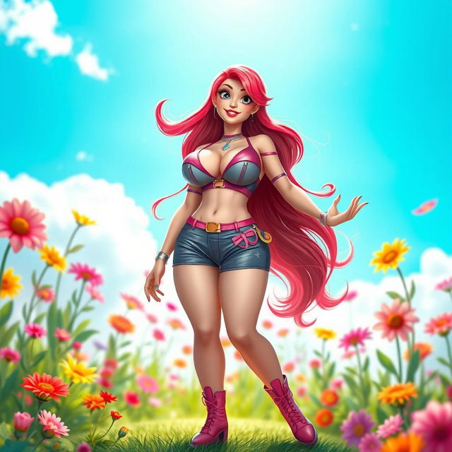 A full-body artistic portrayal of a fictional character inspired by Ariel Winter, featuring exaggerated and cartoonishly large breasts