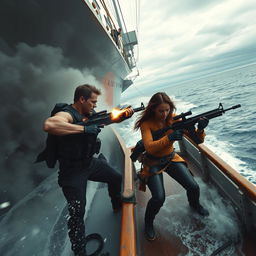 A dramatic scene on a large ship being hijacked by terrorists