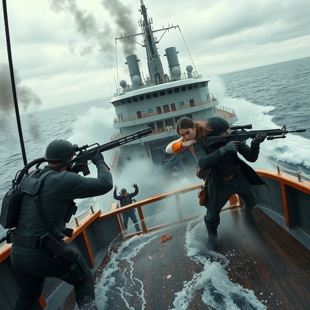 A dramatic scene on a large ship being hijacked by terrorists