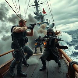 A dramatic scene on a large ship being hijacked by terrorists