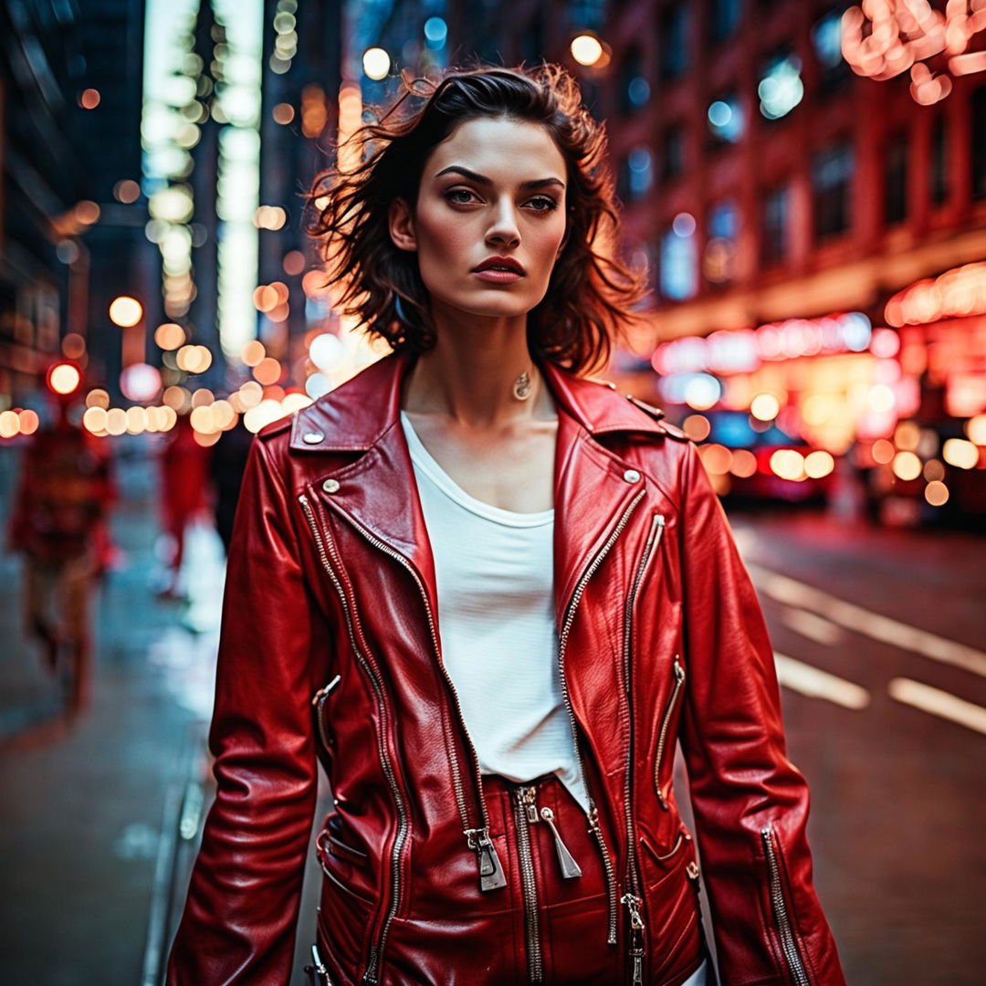 A model in a vibrant vintage red leather jacket stands in a bustling city street, captured in an editorial style with a 200mm lens