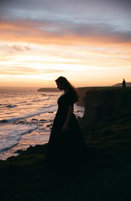 In a dramatic 17th century setting, a silhouette of an Irish woman is gracefully walking along the rugged Northern Irish coastline, her outline softened by the fading light