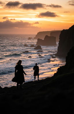 In a dramatic 17th century setting, a silhouette of an Irish woman is gracefully walking along the rugged Northern Irish coastline, her outline softened by the fading light