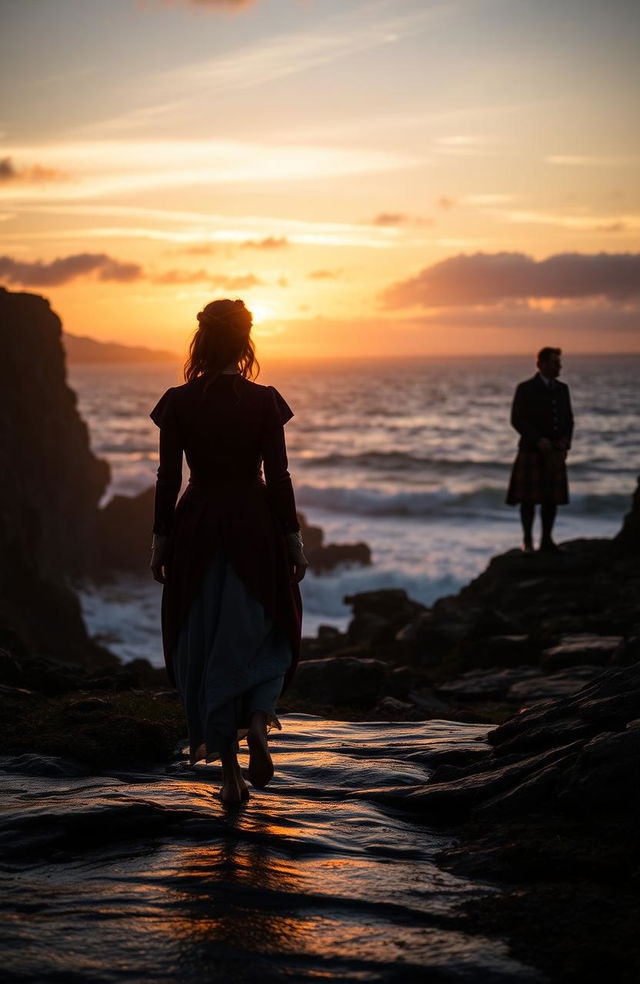 In a dramatic 17th century setting, a silhouette of an Irish woman is gracefully walking along the rugged Northern Irish coastline, her outline softened by the fading light