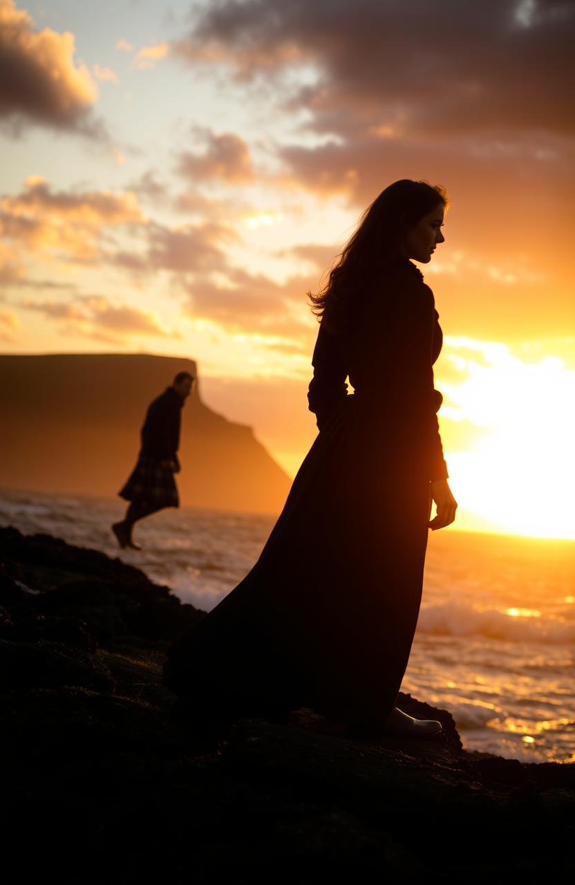 In a dramatic 17th century setting, a silhouette of an Irish woman is gracefully walking along the rugged Northern Irish coastline, her outline softened by the fading light