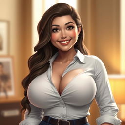A realistic portrait of a fictional character inspired by Ariel Winter, featuring exaggerated, cartoonishly large breasts