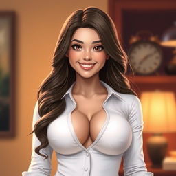 A realistic portrait of a fictional character inspired by Ariel Winter, featuring exaggerated, cartoonishly large breasts