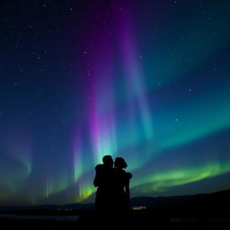 A breathtaking night scene featuring a star-studded sky illuminated by vibrant auroras in shades of green and purple