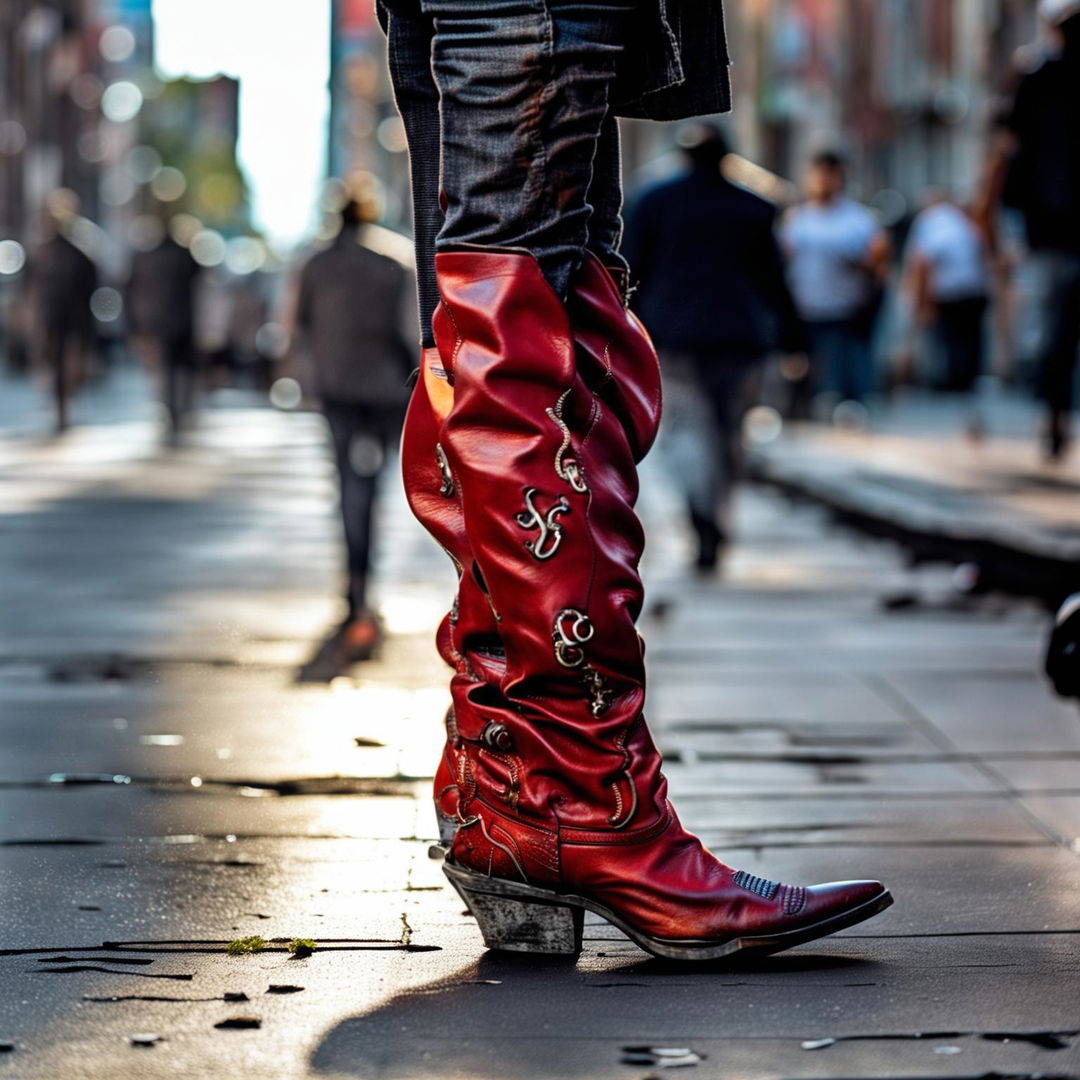 Vibrant red cowboy boots paired with distressed denim jeans on a bustling city street, captured in a 32k resolution street style photograph