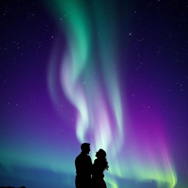 A breathtaking night scene featuring a star-studded sky illuminated by vibrant auroras in shades of green and purple